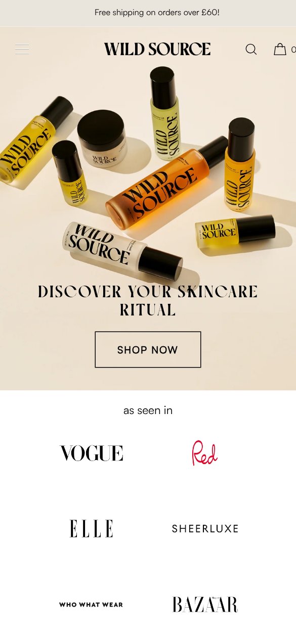 Wild Source website homepage on mobile