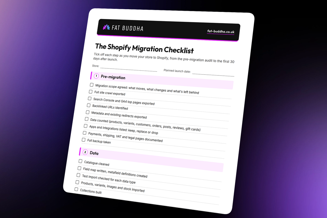 The Shopify Migration Checklist by Fat Buddha, showing the pre-migration and data sections with tick boxes