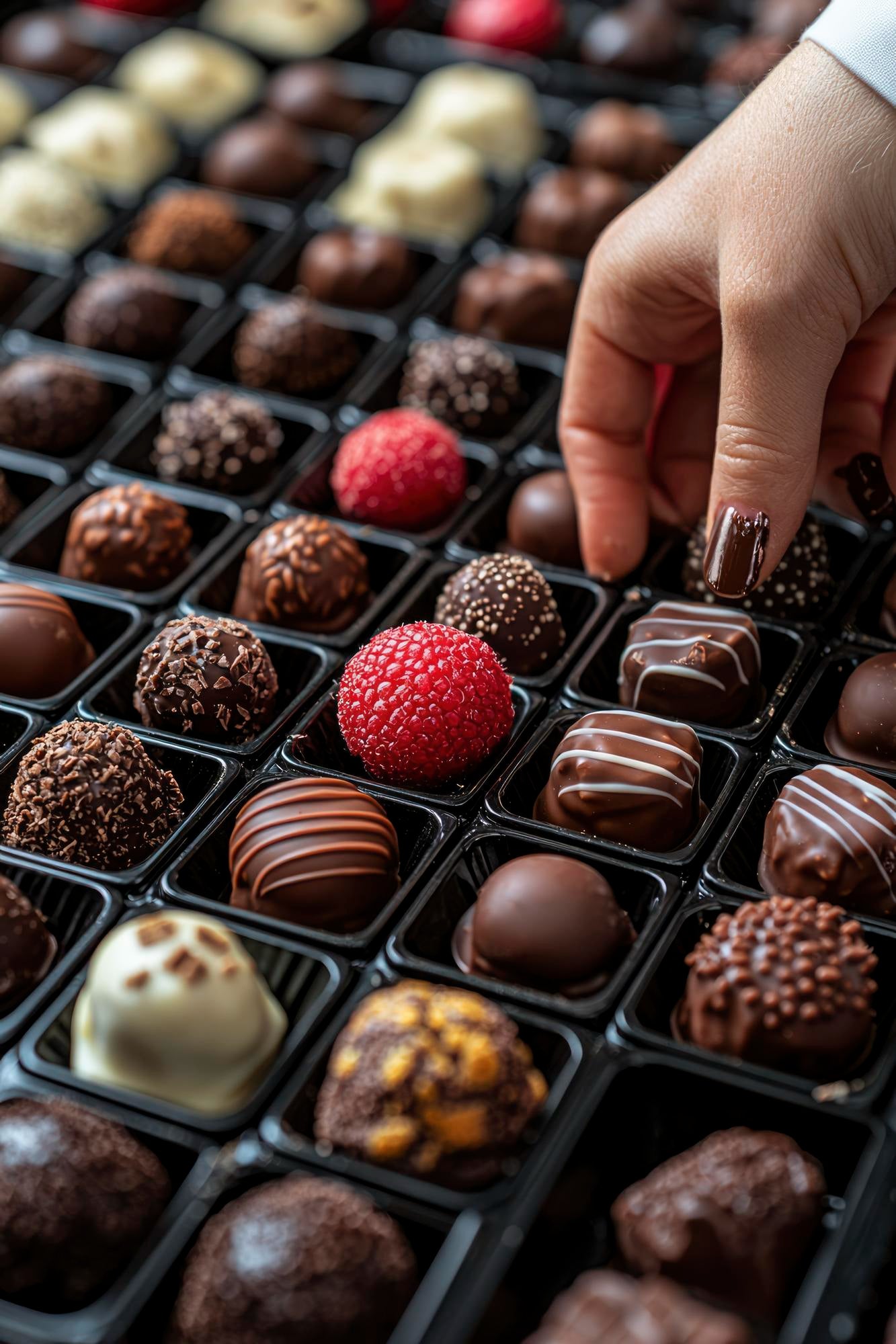 Assorted chocolates including truffles and a raspberry in a box, with a hand reaching in.