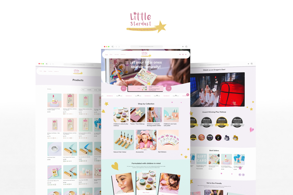 Little Stardust Shopify homepage design showing colourful natural play makeup products