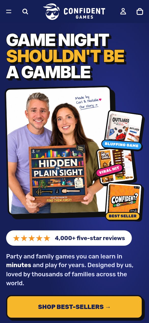 Confident Games website homepage on mobile